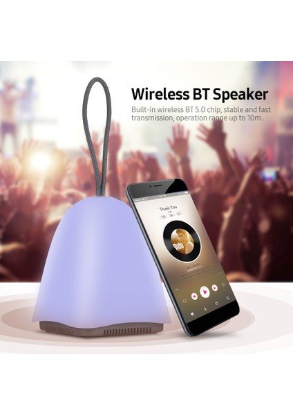 Bluetooth 5.0 Şarj Edilebilir Dokunmatik Renkli LED Hoparlörlü Gece Lambası Gri (Yurt Dışından) modelleri