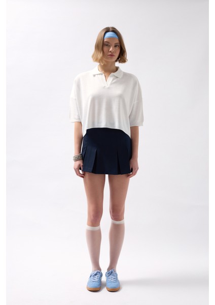 Polo Yaka Crop Dokulu Beyaz Bluz fiyatları