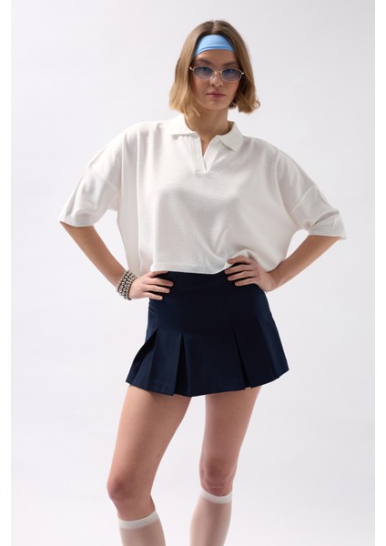 Polo Yaka Crop Dokulu Beyaz Bluz fırsatları