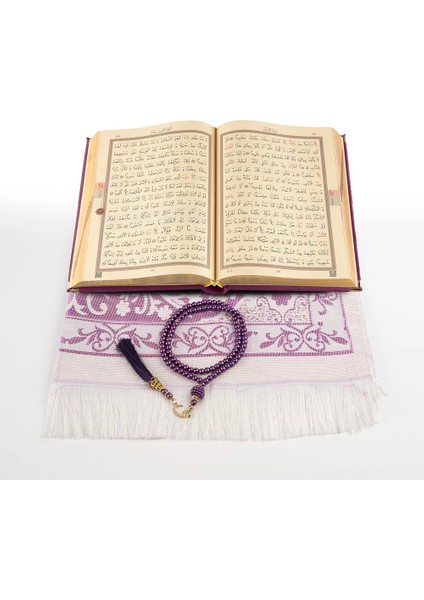 Kuran + Seccade + Tesbih Hediye Seti (Orta Boy, Kadife, Desenli Kutu, Mor) fırsatları