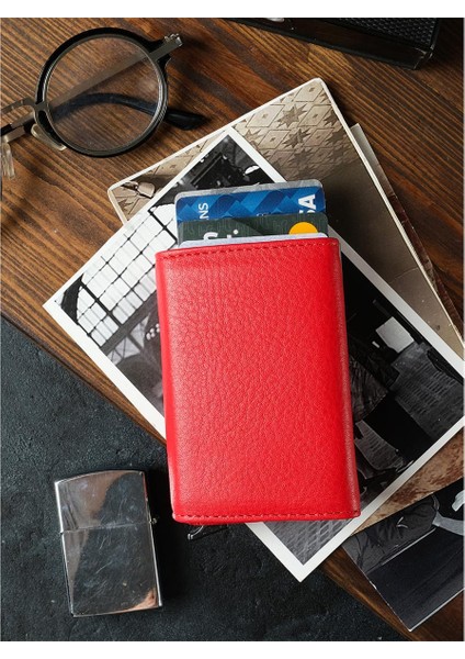 Kırmızı Deri Mekanizmalı Otomatik Kızaklı Kartlık Cüzdan