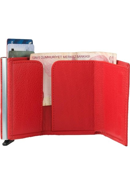 Kırmızı Deri Mekanizmalı Otomatik Kızaklı Kartlık Cüzdan fiyatları
