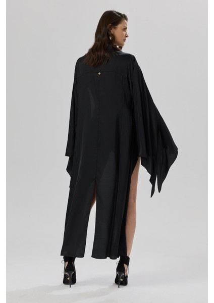 Sensure Siyah Saten Tül Detaylı Uzun Saten Sabahlık / Kimono fırsatları