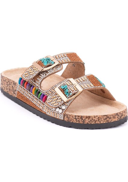 25Y102-2 Kadın Mantar Taban Taşlı Çift Tokalı Comfort Terlik Camel fiyatları