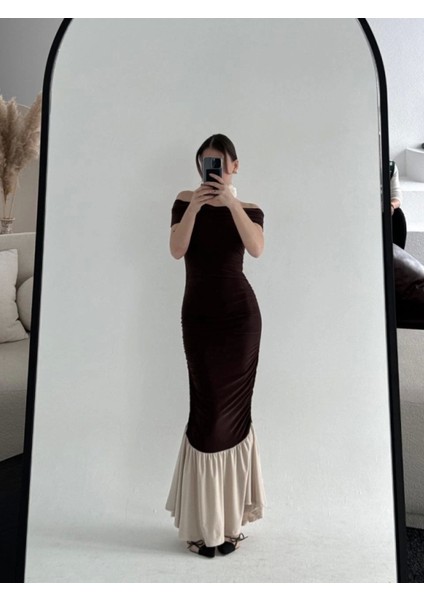 Striptiz Omuzlu Uzun Elbise