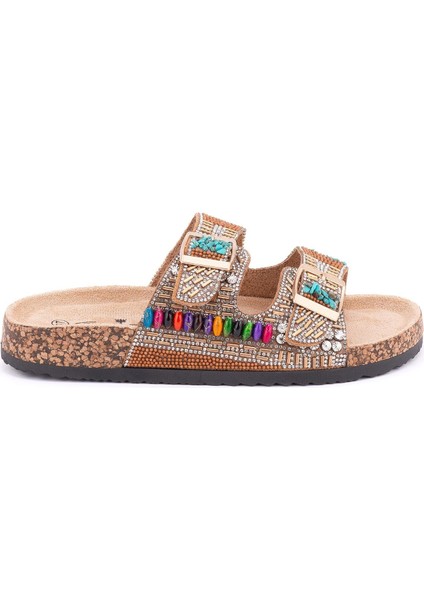 25Y102-2 Kadın Mantar Taban Taşlı Çift Tokalı Comfort Terlik Camel