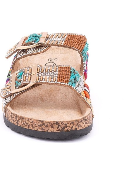 25Y102-2 Kadın Mantar Taban Taşlı Çift Tokalı Comfort Terlik Camel modelleri