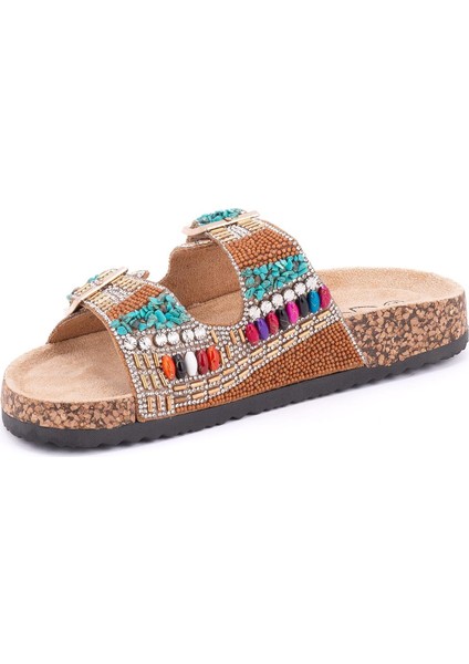 25Y102-2 Kadın Mantar Taban Taşlı Çift Tokalı Comfort Terlik Camel fırsatları