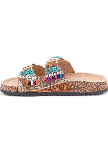 25Y102-2 Kadın Mantar Taban Taşlı Çift Tokalı Comfort Terlik Camel indirimleri