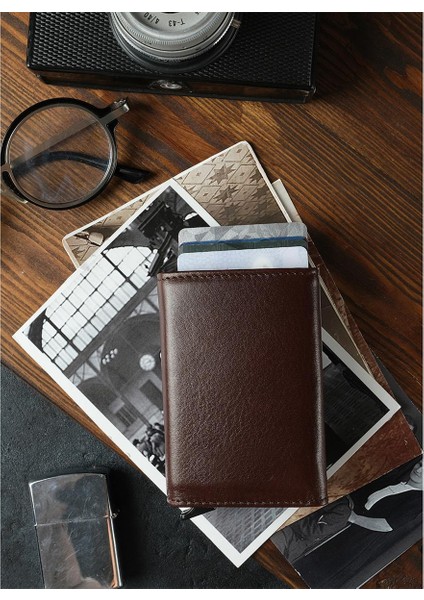 Kahve Deri Mekanizmalı Otomatik Kızaklı Kartlık Cüzdan