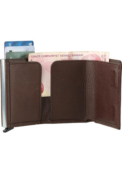 Kahve Deri Mekanizmalı Otomatik Kızaklı Kartlık Cüzdan modelleri