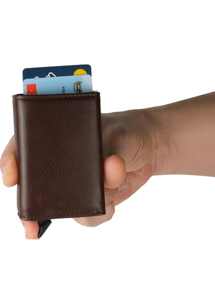 Kahve Deri Mekanizmalı Otomatik Kızaklı Kartlık Cüzdan fırsatları