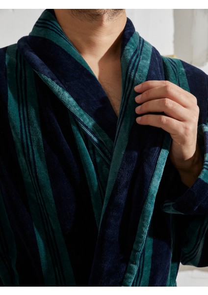 %100 Pamuk Özel Tasarım Ekstra Yumuşak Çizgili Yeşil Şalyaka Erkek Bornoz