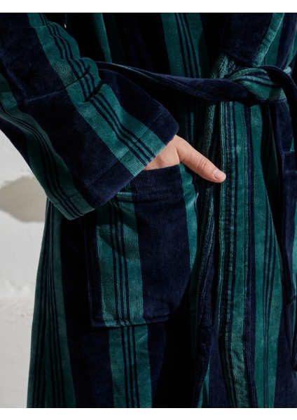 %100 Pamuk Özel Tasarım Ekstra Yumuşak Çizgili Yeşil Şalyaka Erkek Bornoz modelleri