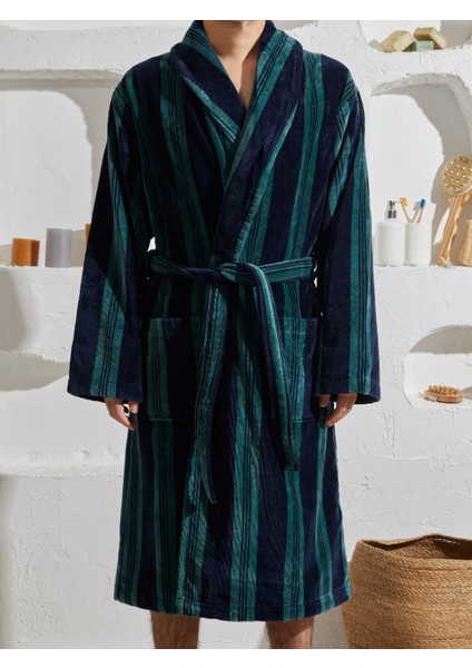 %100 Pamuk Özel Tasarım Ekstra Yumuşak Çizgili Yeşil Şalyaka Erkek Bornoz fırsatları