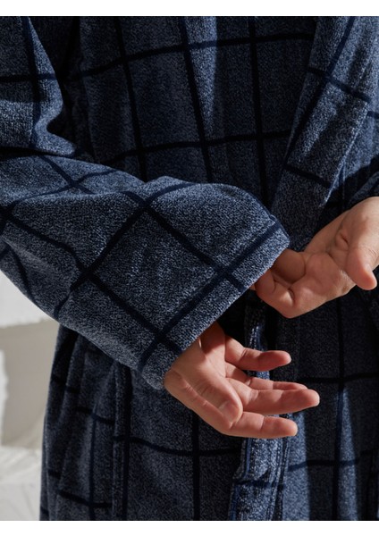 %100 Pamuk Şalyaka Özel Tasarım Kare Çizgili Erkek Bornoz