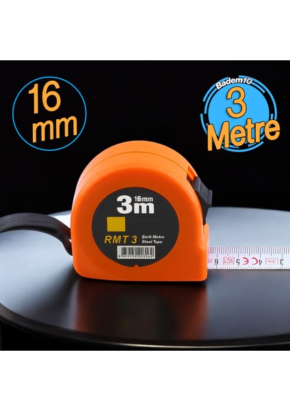 Şerit Metal Bükülebilir Metre 3 M x 16 mm Turuncu Renk Düğmeli Ölçüm Ölçme Plastik Kasalı