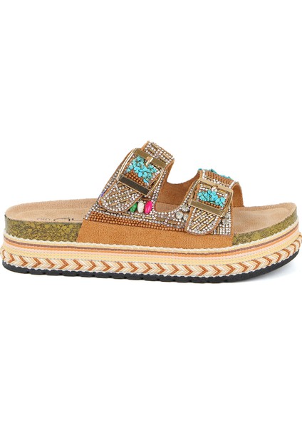 25Y103 Kadın Mantar Platform Taban Taşlı Çift Toklaı Comfort Terlik Camel