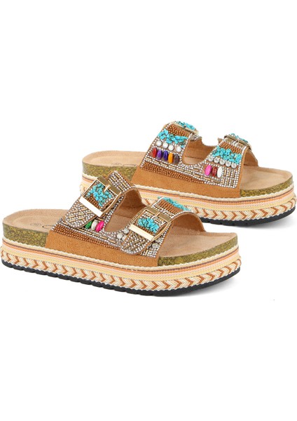25Y103 Kadın Mantar Platform Taban Taşlı Çift Toklaı Comfort Terlik Camel