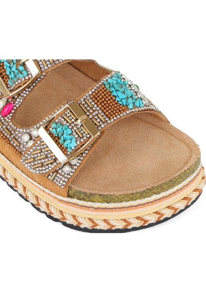 25Y103 Kadın Mantar Platform Taban Taşlı Çift Toklaı Comfort Terlik Camel