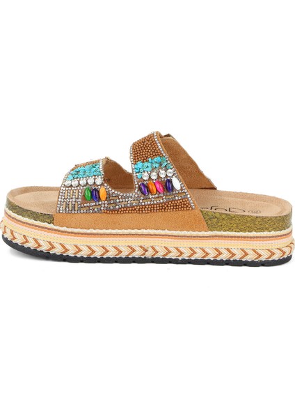 25Y103 Kadın Mantar Platform Taban Taşlı Çift Toklaı Comfort Terlik Camel fırsatları