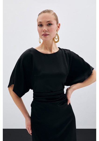 Büzgü Detaylı Krep Saten Elbise - Siyah indirimleri