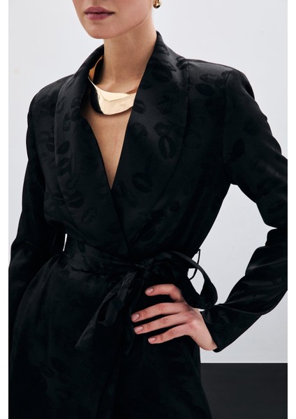 Şal Yaka Kuşaklı Ceket - Siyah indirimleri