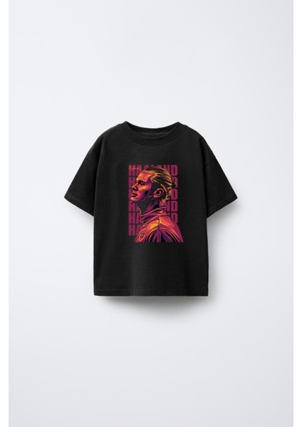Futbolcu Erling Haaland Baskılı Bisiklet Yaka Çocuk Siyah Tişört T-Shirt