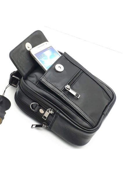 Erkek Orta Boy Siyah Hakiki Deri Çapraz Askılı El ve Omuz Çantası