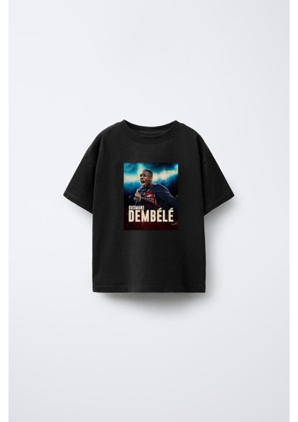 Futbolcu Dembele Baskılı Bisiklet Yaka Çocuk Siyah Tişört T-Shirt