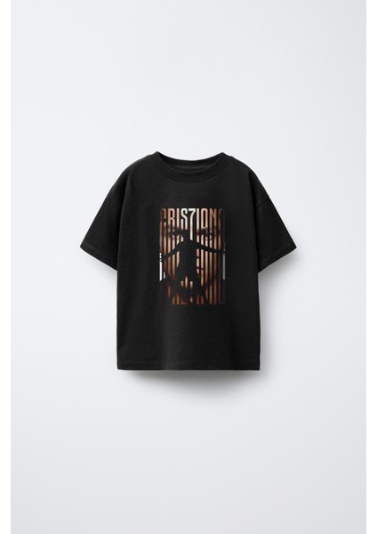 Futbolcu Ronaldo Baskılı Bisiklet Yaka Çocuk Siyah Tişört T-Shirt