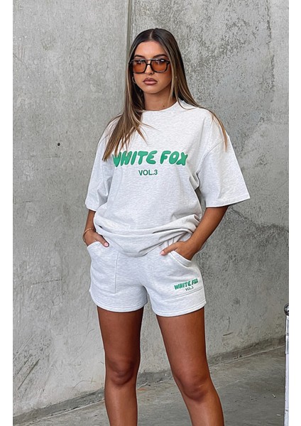 White Fox Kadın Gri Melanj Vol 3 Yazılı Offstage Şort Tişört Alt Üst Takım