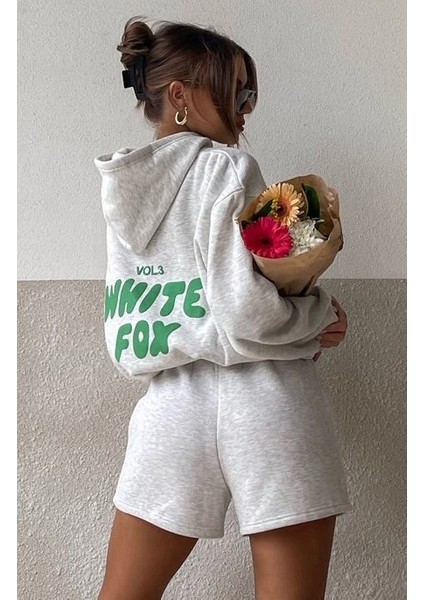 White Fox Kadın Gri Melanj Vol 3 Yazılı Offstage Şort Tişört Alt Üst Takım