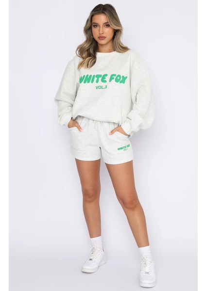 White Fox Kadın Gri Melanj Vol 3 Yazılı Offstage Şort Tişört Alt Üst Takım