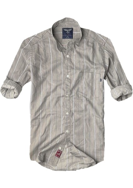 Slim Fit %100 Pamuk Kumaş Hakim Yaka Uzun Kol Gömlek--Taba Çizgili--