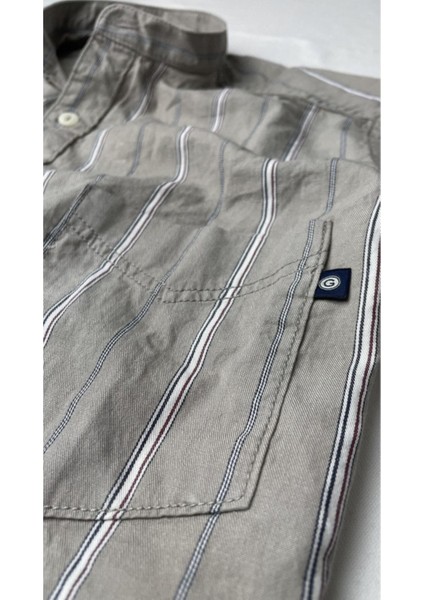 Slim Fit %100 Pamuk Kumaş Hakim Yaka Uzun Kol Gömlek--Taba Çizgili--