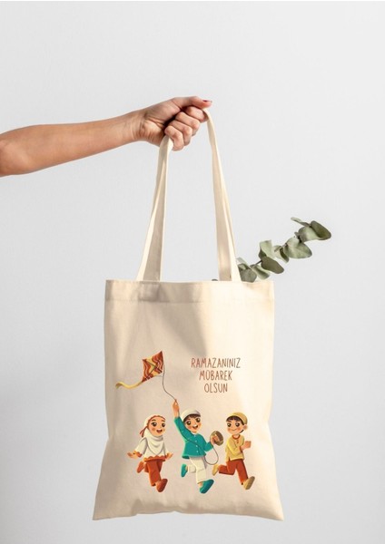Bej Ramazan Temalı Çevre Dostu Şık Bez Çanta, %100 Pamuk, Hafif ve Dayanıklı