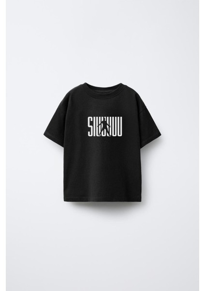 Futbolcu Ronaldo Suiii Baskılı Bisiklet Yaka Çocuk Siyah Tişört T-Shirt