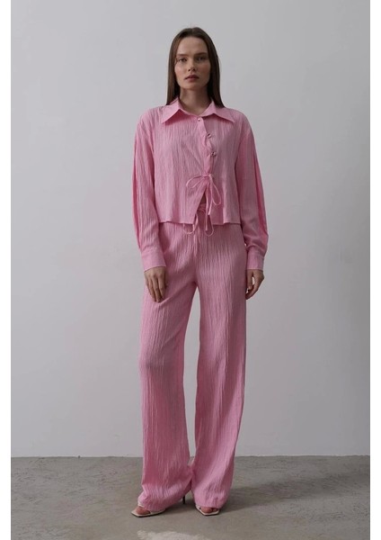 Önü Asimetrik Düğme Detaylı Takım - Pembe
