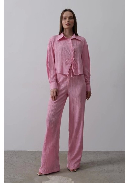 Önü Asimetrik Düğme Detaylı Takım - Pembe fiyatları
