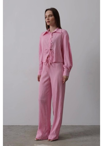 Önü Asimetrik Düğme Detaylı Takım - Pembe modelleri