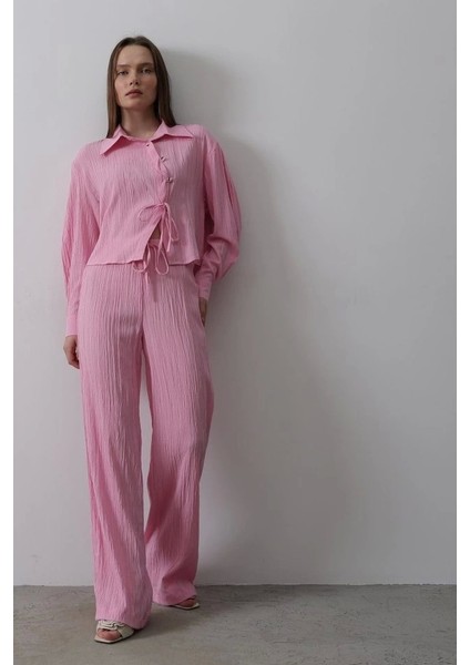 Önü Asimetrik Düğme Detaylı Takım - Pembe fırsatları