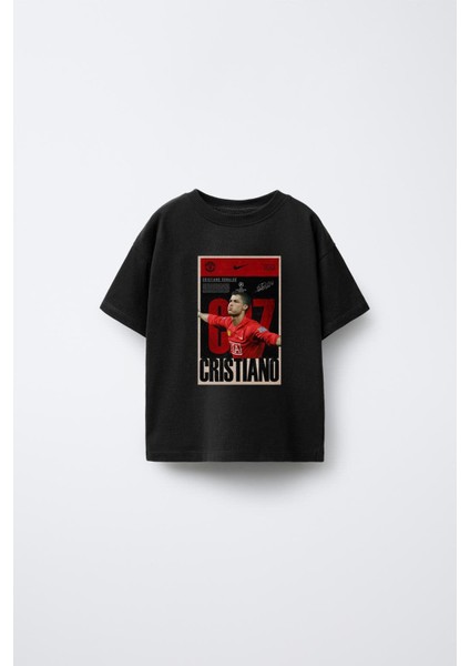 Futbolcu Ronaldo Baskılı Bisiklet Yaka Çocuk Siyah Tişört T-Shirt