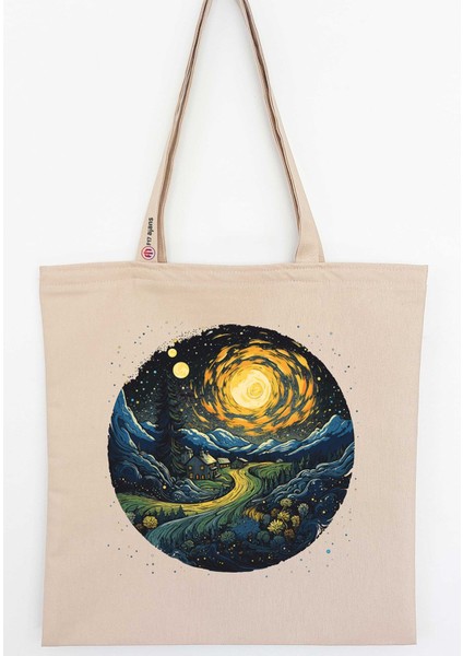 Starry Night Baskılı Keten Bez Çanta