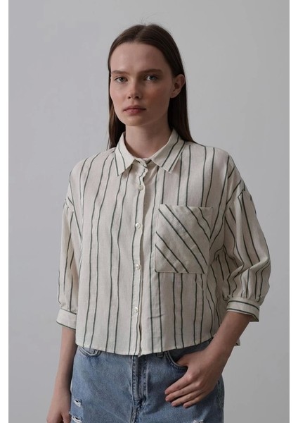 Çizgili Kısa Gömlek - Bej-Yeşil