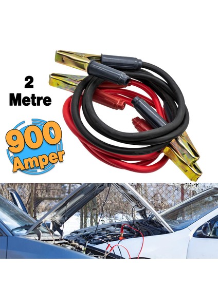Akü Takviye Kablosu 2 Metre Araç Araba Otomobil Oto Akümülatör Sarj Şarj Kablo 900 Amper