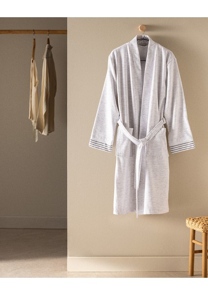 Opherna Kimono Pamuklu Unisex Bornoz - Beyaz/gri