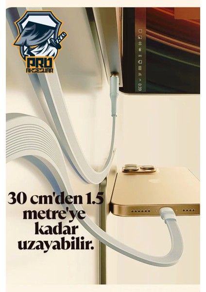 Makaralı Düğümlenmeyen 100W Type-C Süper Fast Pd Şarj Kablosu 3in1 iPhone Samsung Xiaomi Hızlı Şarj Data USB Kablo Kopmayan Sağlam Yassı 1.5m modelleri