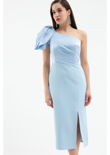 Kadın Bebe Mavi Organze Detay Midi Söz Nişan Nikah Abiye Elbise fiyatları