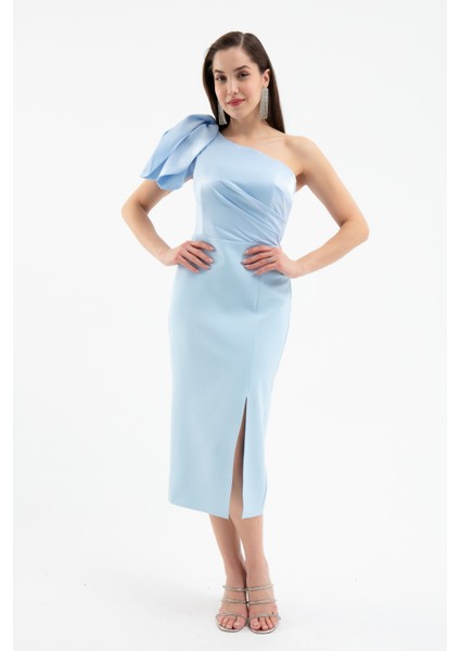 Kadın Bebe Mavi Organze Detay Midi Söz Nişan Nikah Abiye Elbise modelleri